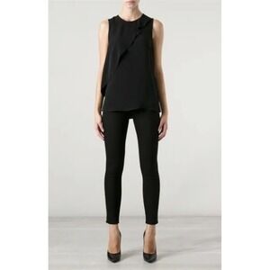 Theory Charelle Black Ruffle Silk Tank Top Cami Sleeveless Blouse Crew Neck P/TP